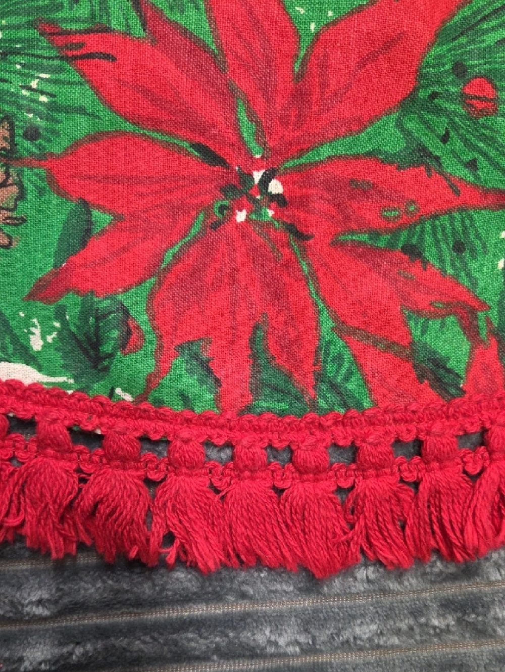 Festive Poinsettia Round Holiday Table Topper - Red & Green - Picture 2 of 7